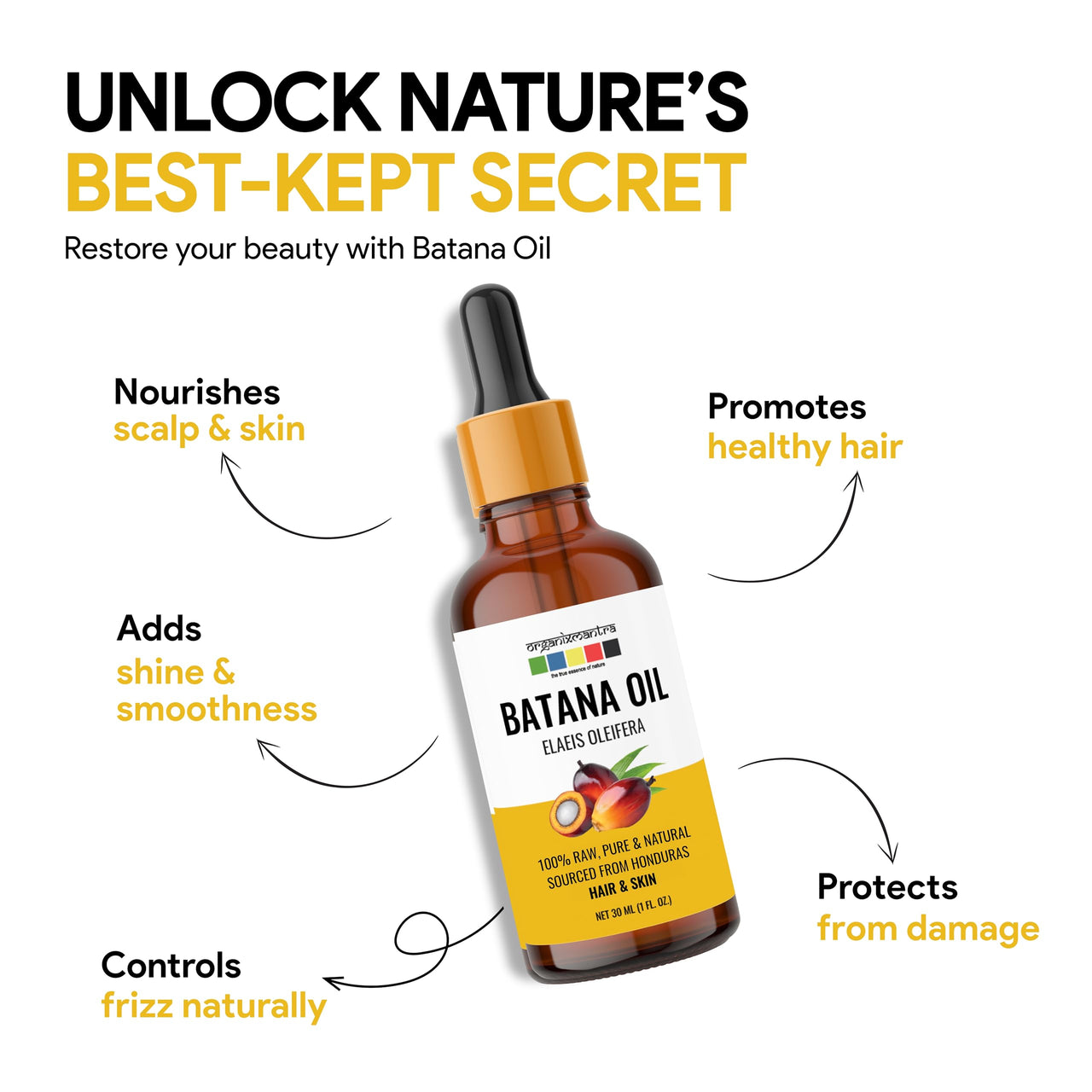Organix Mantra Batana Oil for Hair & Skin | 100% Pure, Unrefined, Cold Pressed Oil from Honduras | Promotes Hair Growth, Nourishes Scalp & Skin | Natural Moisturizer – 30ML
