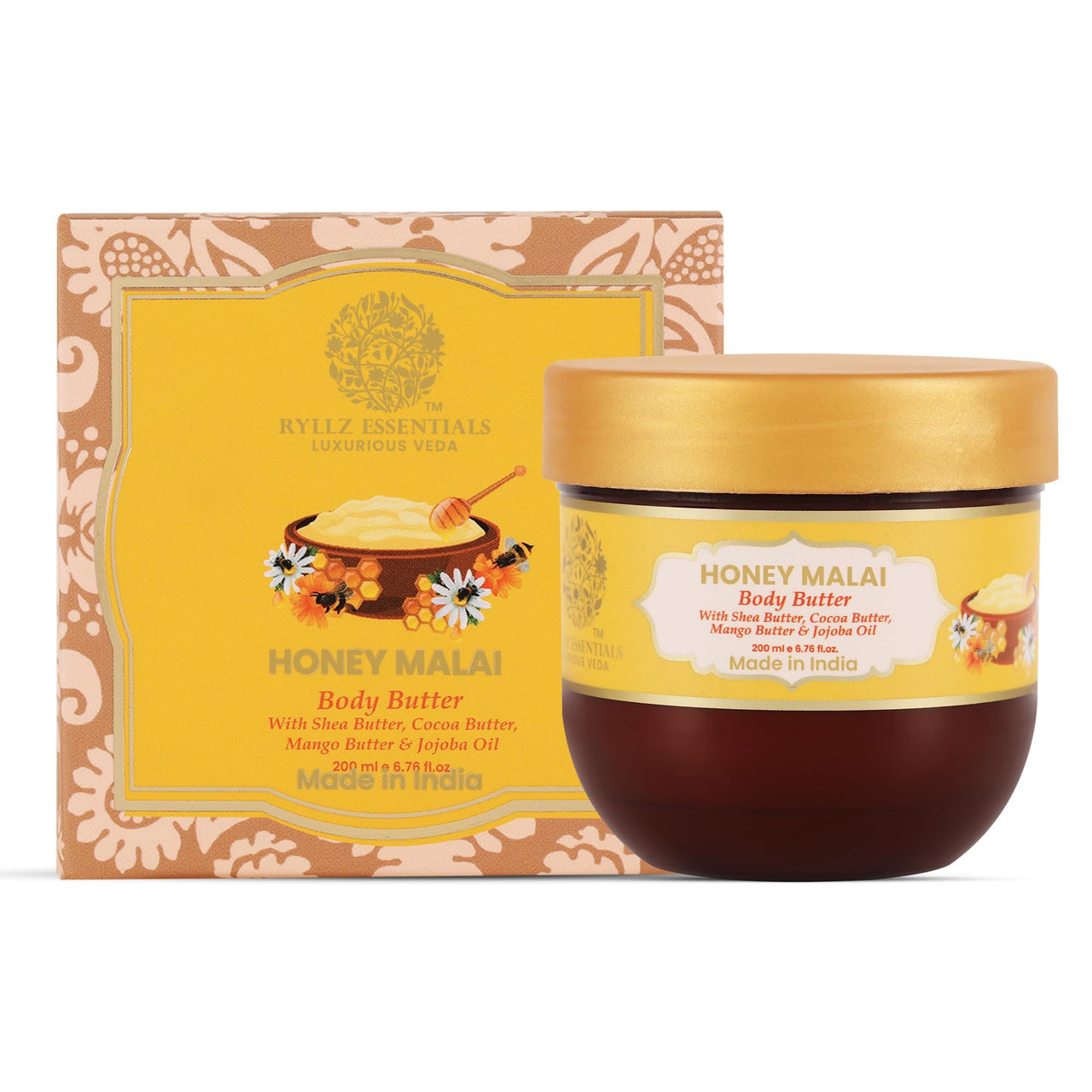 RYLLZ ESSENTIALS Honey Malai Body Butter | with Shea Butter, Cocoa Butter, Mango Butter, Niacinamide & Jojoba Oil| for 48Hrs Moisturisation, Stretch Marks, Dry/Itchy Skin & Uneven Skin Tone | 200 ml