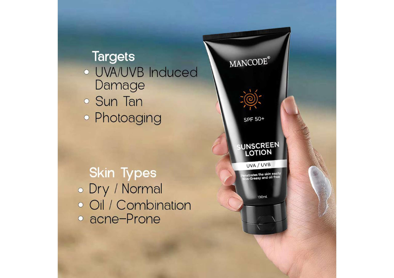 Mancode Sunscreen SPF 50 PA+ Lotion UV A, UV B & Blue Light Protection For All Types of Skin | Non-Greasy, Quick-Absorbing Sunscreen for Men and Women (100ml)