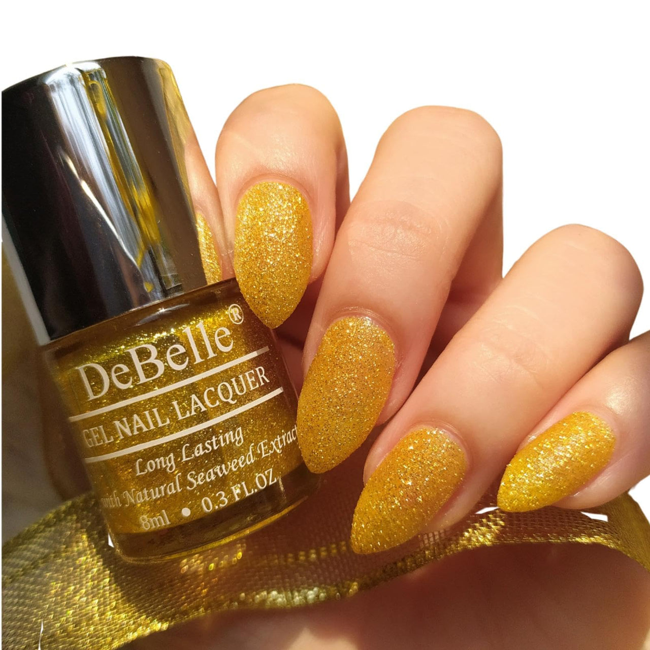 DeBelle Gel Nail Polish Pegasus (Lime Yellow with Gold Glitter Sugar Finish Nail Paint)|Non UV - Gel Finish |Chip Resistant | Seaweed Enriched Formula| Long Lasting|Cruelty and Toxic Free| 8ml