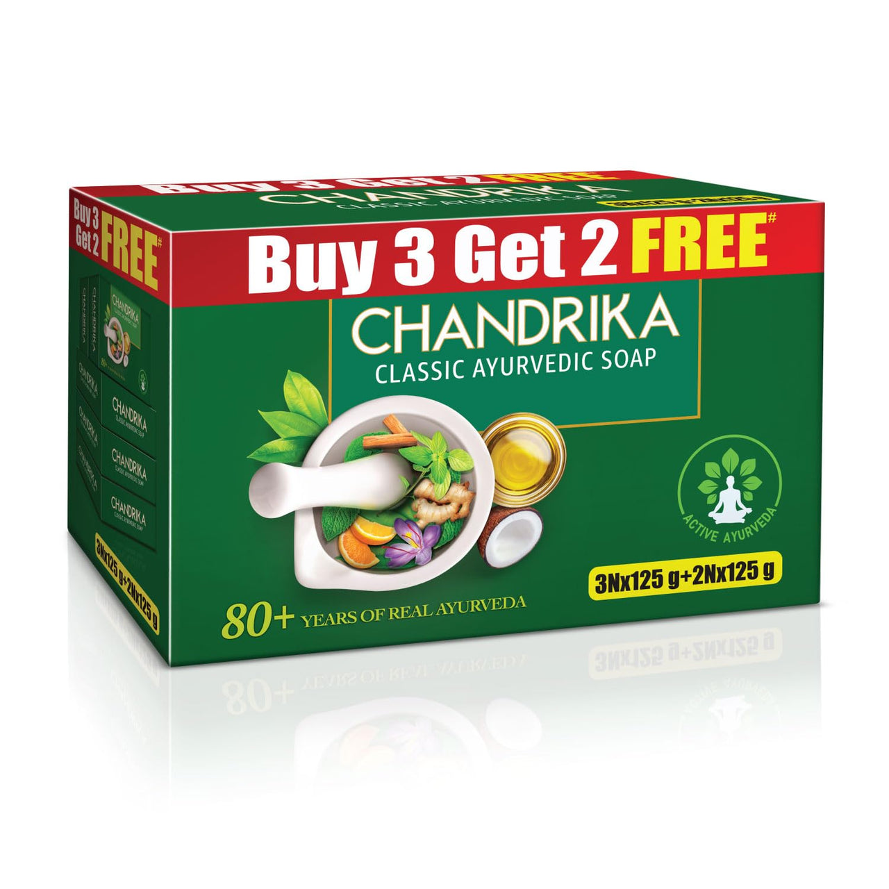 Chandrika Ayurvedic Soap Classic| Handmade Soap for Naturally Radiant Skin| For All Skin Types| 125g (Pack of 3) + 2x125g Soap Free