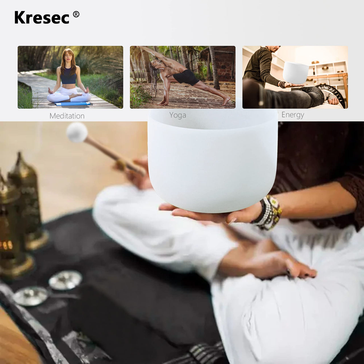 Kresec 8 Inch 432Hz Perfect Pitch Crystal Singing Bowl A Note (±10 cents) Third Eye Chakra with O-ring and Mallet for Meditation, Yoga, Spiritual and Body Healing and Energy Cleansing