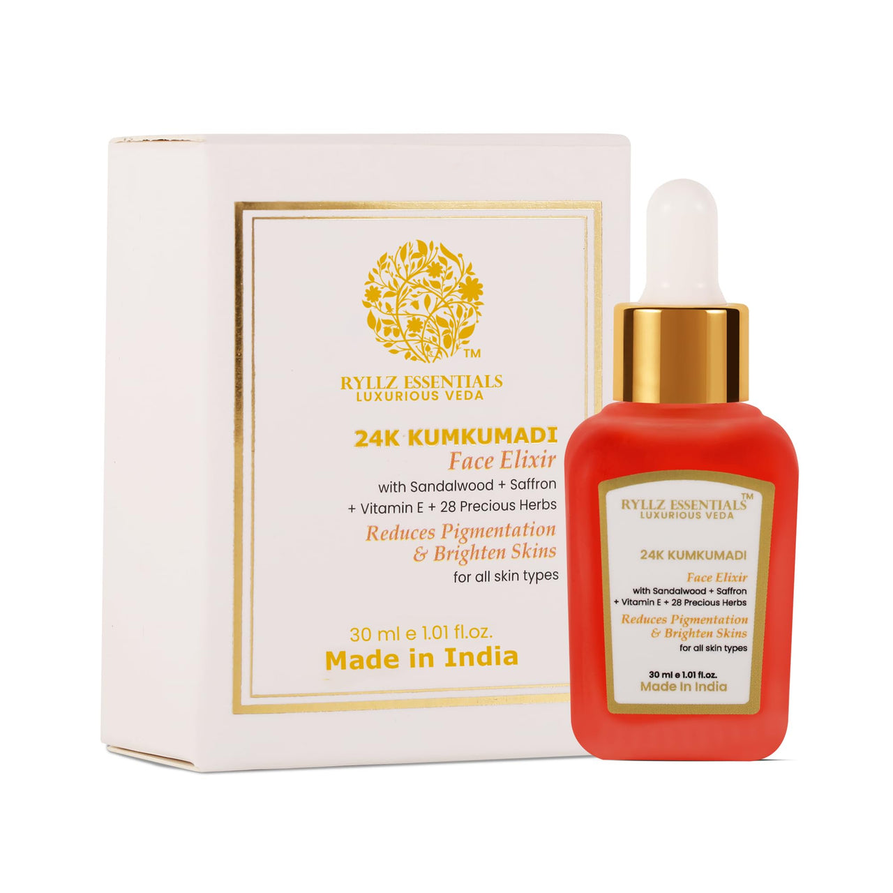 RYLLZ ESSENTIALS 24K Kumkumadi Elixir | Kumkumadi Tailam with 24K Gold, Red Sandalwood, Saffron & 28 Precious Herbs | for Dull Skin, Wrinkle, Dark Spots & Pigmentation | 30ML