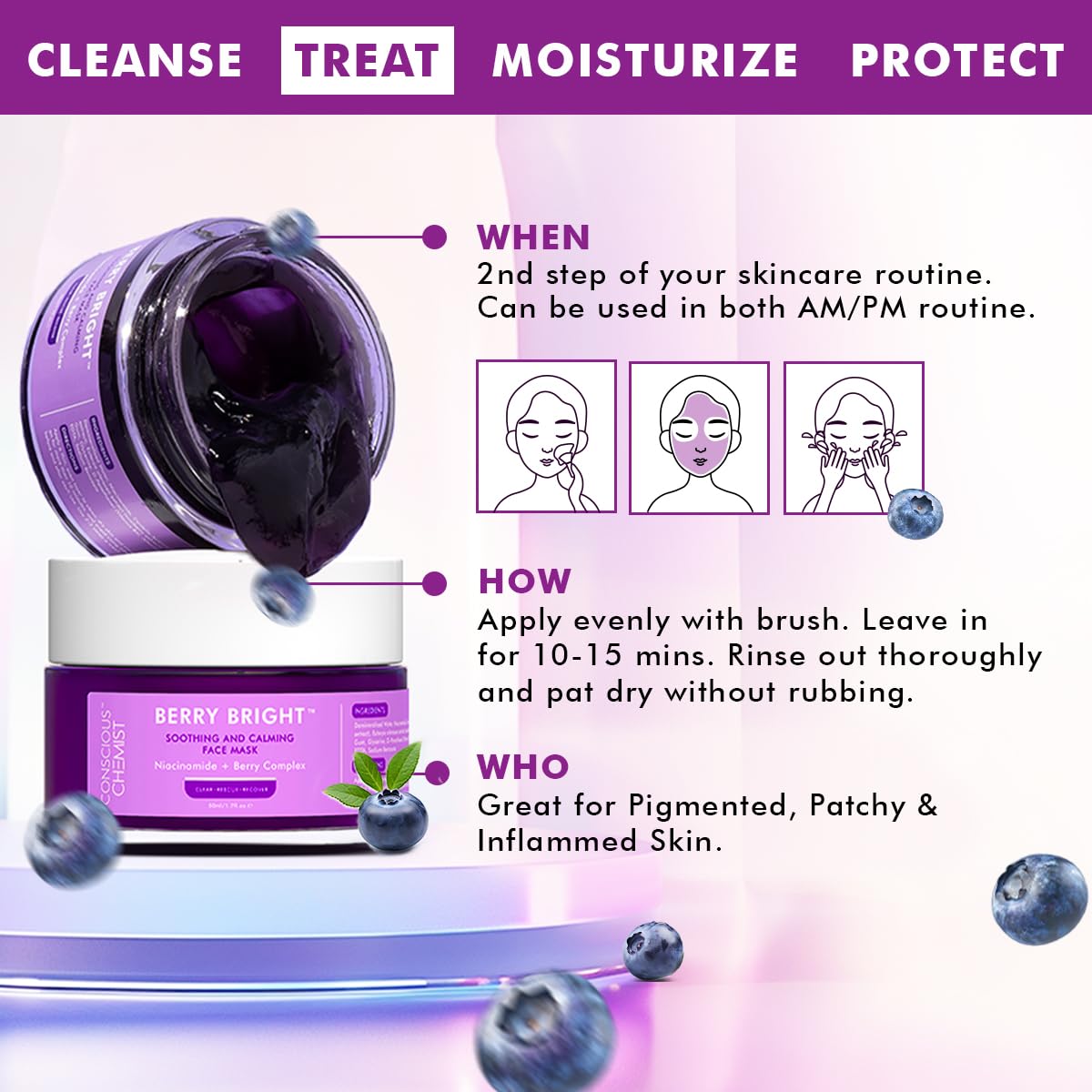 Conscious Chemist® Berry Bright Pore Refining & Brightening Face Mask | For Bright and Clear Skin with Niacinamide & Berry Extracts | 50g