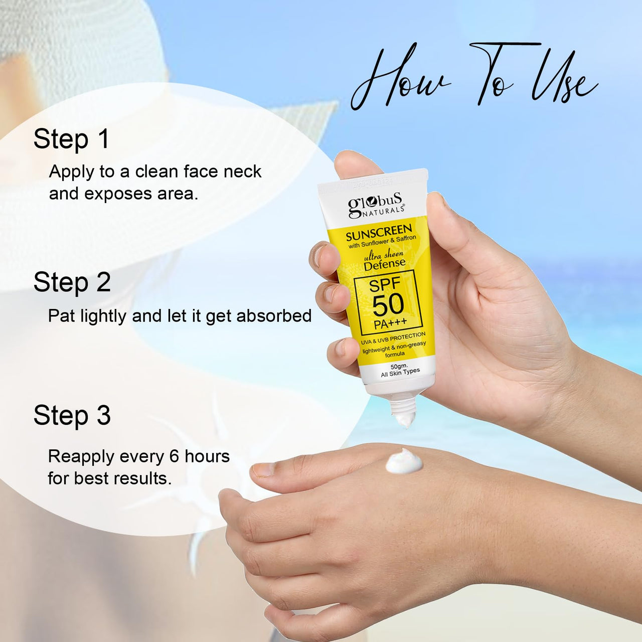 Globus Naturals Sunscreen with Ultra Sheen Defense, SPF 50 PA+++, UVA & UVB Protection, Lightweight & Non-greesy Formula, Normal to Oily Skin, 50 gm (Pack of 3)