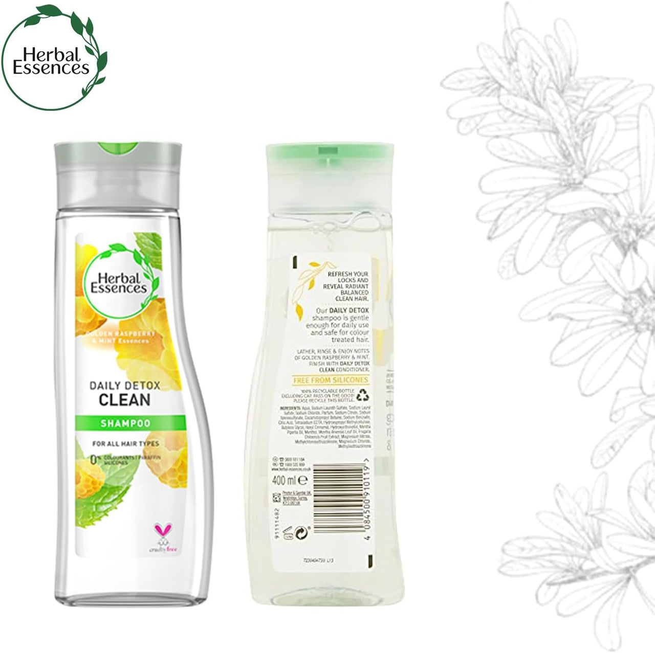 Herbal Essences Daily Detox Clean Shampoo Golden Raspberry & Mint Essences 400ml