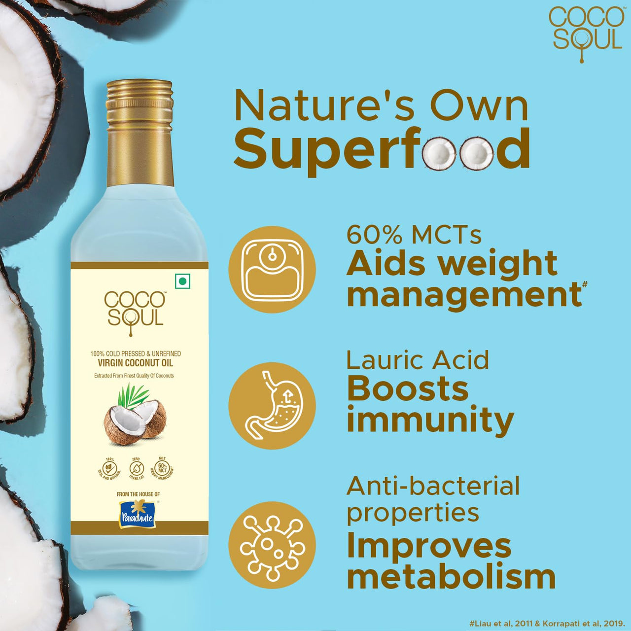 Coco Soul Cold Pressed Unrefined Virgin Coconut Oil | 60% MCT | Multipurpose Usage | Daily Cooking| Keto Friendly | Naturally Cholesterol Free | A1 grade real coconut | From Makers of Parachute 1000 ml