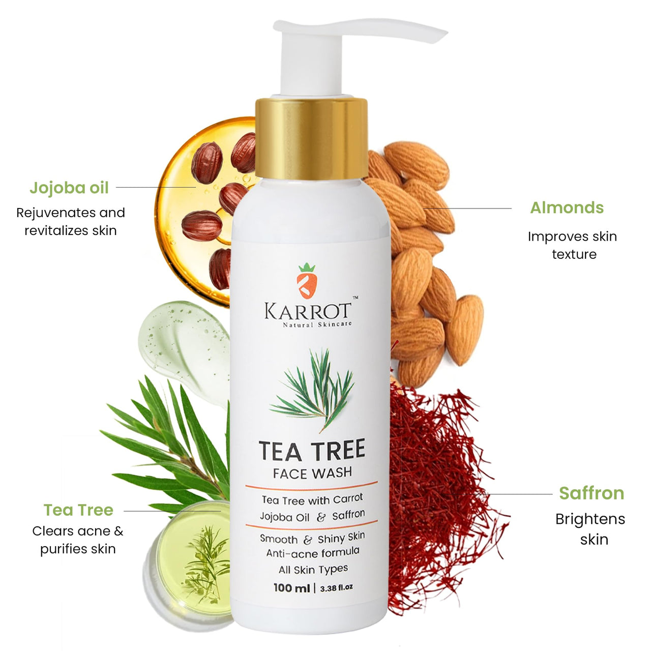 Karrot Natural Skincare Face Wash for Acne Prone Skin, Controls Oil and Cleanses Pores, Tea Tree Formula with Carrot, Jojoba Oil and Saffron, For Women and Men, Suitable for All Skin Types, 100 ml