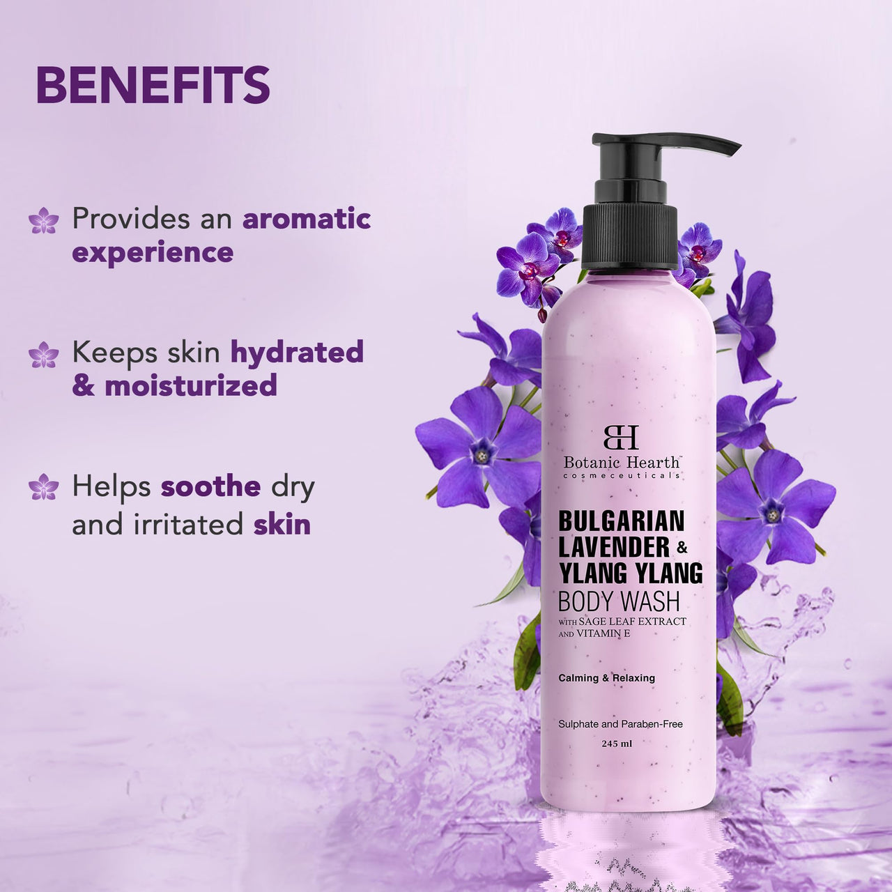 Botanic Hearth Bulgarian Lavender Body Wash with Ylang Ylang, Vitamin E & Sage Leaf | Calming Body Wash Shower Gel for Women and Men | Sulphate & Paraben Free | 245ml