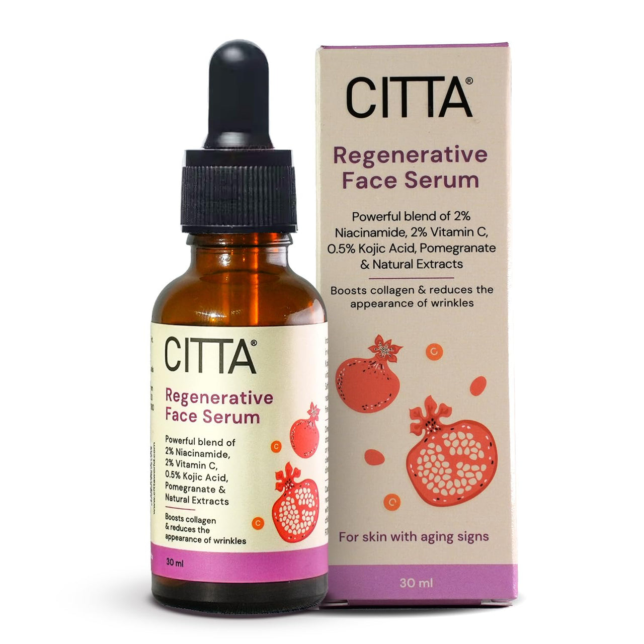 CITTA Regenerative Face Serum | Wrinkle Lift & Anti-Aging Night Serum | Niacinamide & Kojic Acid for Wrinkle Correction | For Women & Men | All Skin Types | 30ml