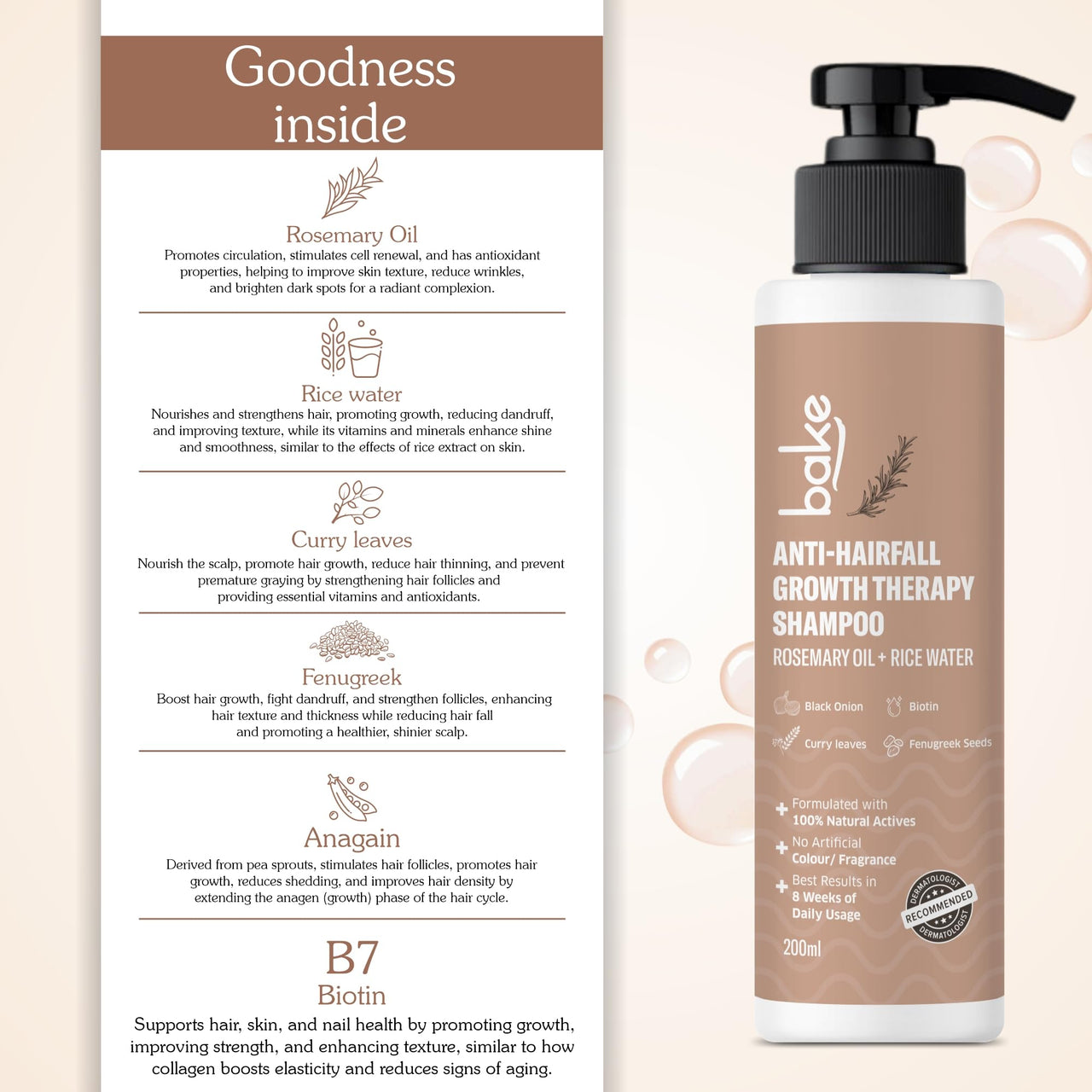 BAKE Rosemary Anti Hair Fall Shampoo for Hair Growth, Hair Fall & Dandruff Control with Black Onion & Methi Dana, Reduces Hair Loss & Prevents Hair Damage, For Men & Women - 200ml
