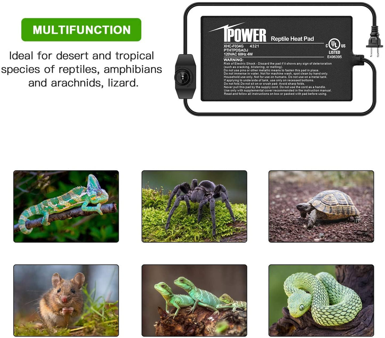 iPower 4 by 7-Inch 4 Watts Reptile Heating Mat with Temperature Controller Under Tank Warmer Terrarium Heat Pad for Reptiles and Amphibians, Black 4" x 7" Black/Heat Pad With Adjust Knob