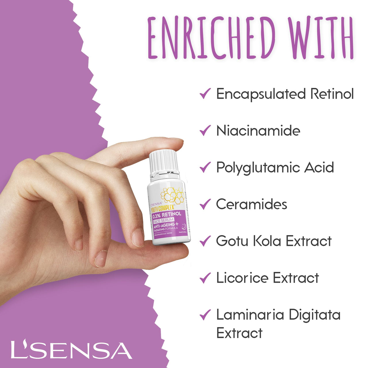 L'SENSA 0.3% Retinol Serum | Face Serum | Spotless Skin, Reduce fine Lines, Anti-wrinkle, Boost Collagen | For All Skin Types | 10 ML.