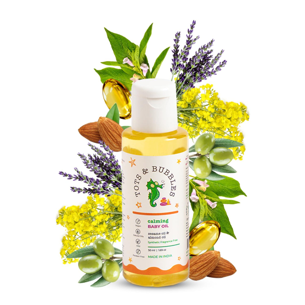 Tots & Bubbles Calming Baby Massage Oil with Sweet Almond & Olive Oil - 50 ml | Enriched with of Shea butter, Lavender & Mustard | Gentle on the skin, Free from Harmful Chemicals, No Artificial Scent