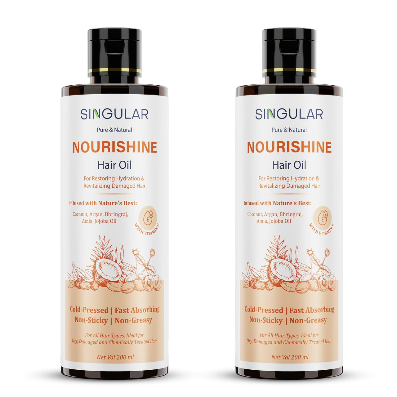 Singular Nourishine Hair Oil for Restores Hydration & Revitalizes Damaged Hair | Pure & Natural Cold Pressed Oil Infused with Nature's Best Coconut, Argan, Bhringraj, Amla, Jojoba Oil with Vitamin E | Ideal for Dry, Damaged & Chemically Treated Hair | 400