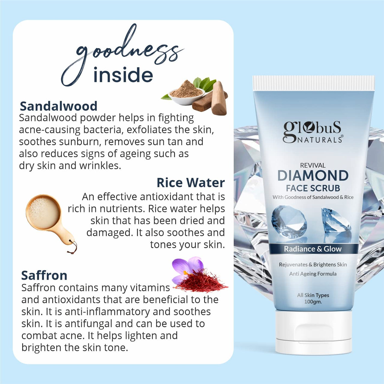 Globus Naturals Revival Diamond Face Scrub, For Deep Pore Cleansing & Skin Lightening, Natural & Ayurvedic Formula, Chemical Free, Cruelty Free, Suitable For All Skin Types, 100 gm