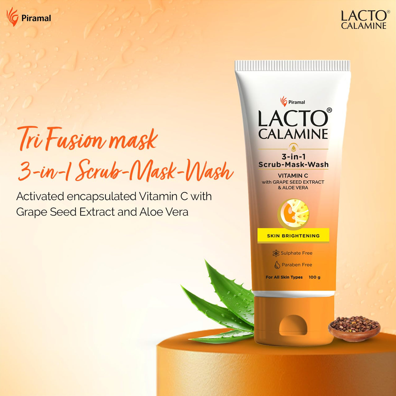 Lacto Calamine 3-in-1 Vitamin C Face Scrub-Mask-Wash for Skin Brightening Effect | 100ml x 1 | Multi-action Vitamin C Face Wash, Face Scrub, Face Mask with Kaolin Clay, Grape Seed Extract & Aloe Vera