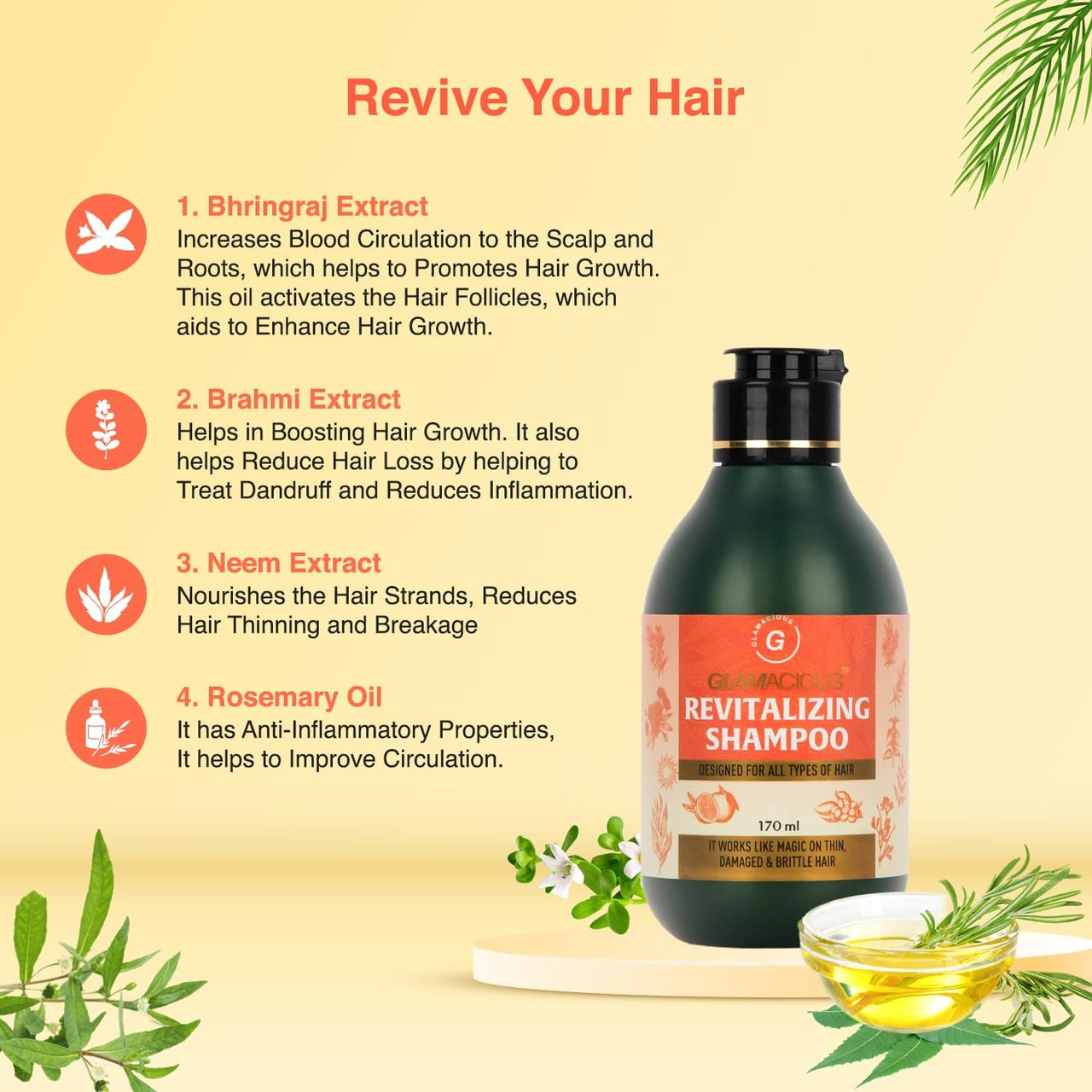 Glamacious Revitalising Shampoo (170ml) | With Bhringraj Extract | Enriched with Brahmi, Neem & Rosemary | Hair Growth & Hair Fall Control | Hair Strengthening & Nourishing | For all hair Types