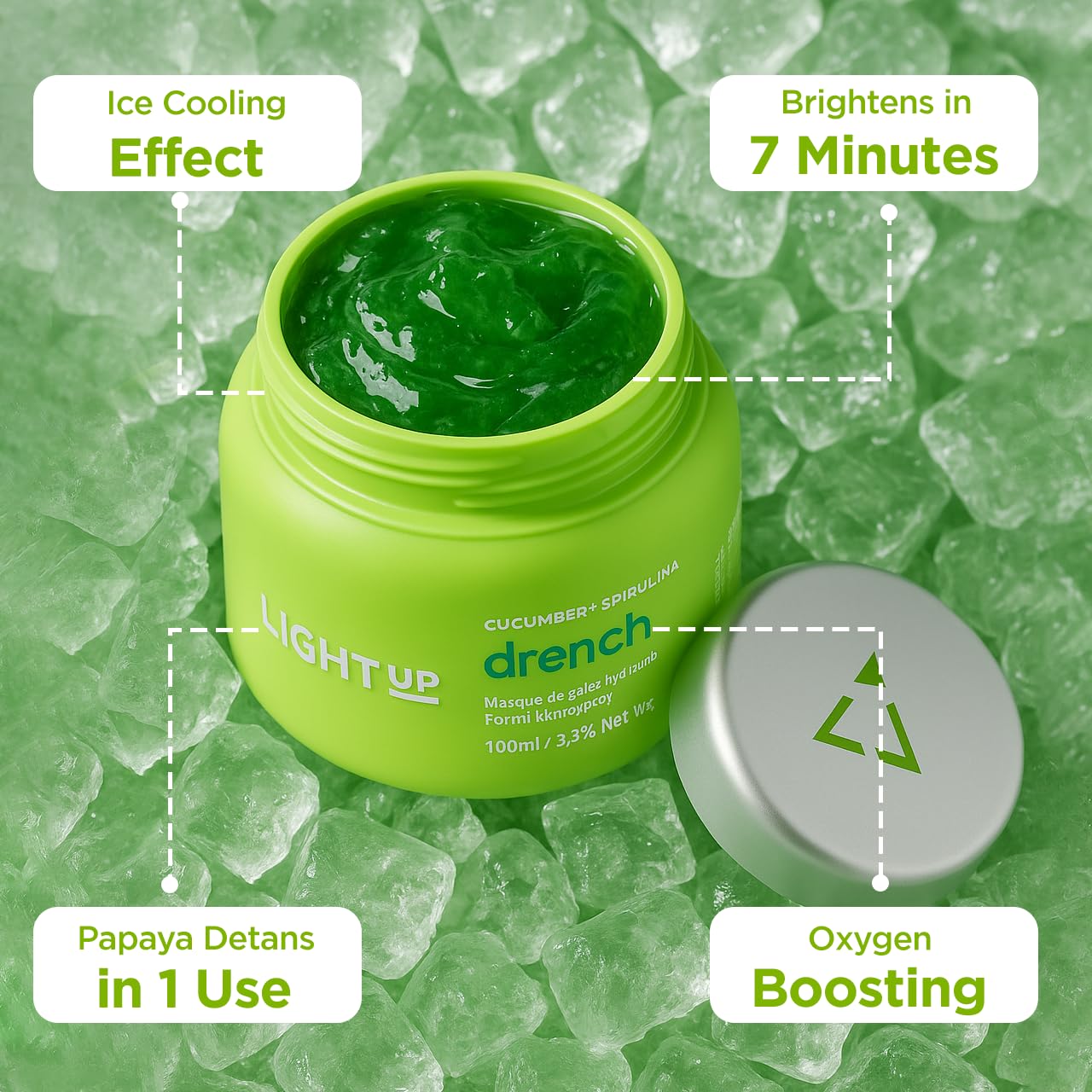 Light Up Drench Hydrating Jelly Mask for Glowing Skin, De-tanning, Brightening, Natural Radiance, Refreshing, Hydrating, Chlorophyll, Cucumber, Spirulina, Rosewater, Aloe Vera - 100 ml Face Pack