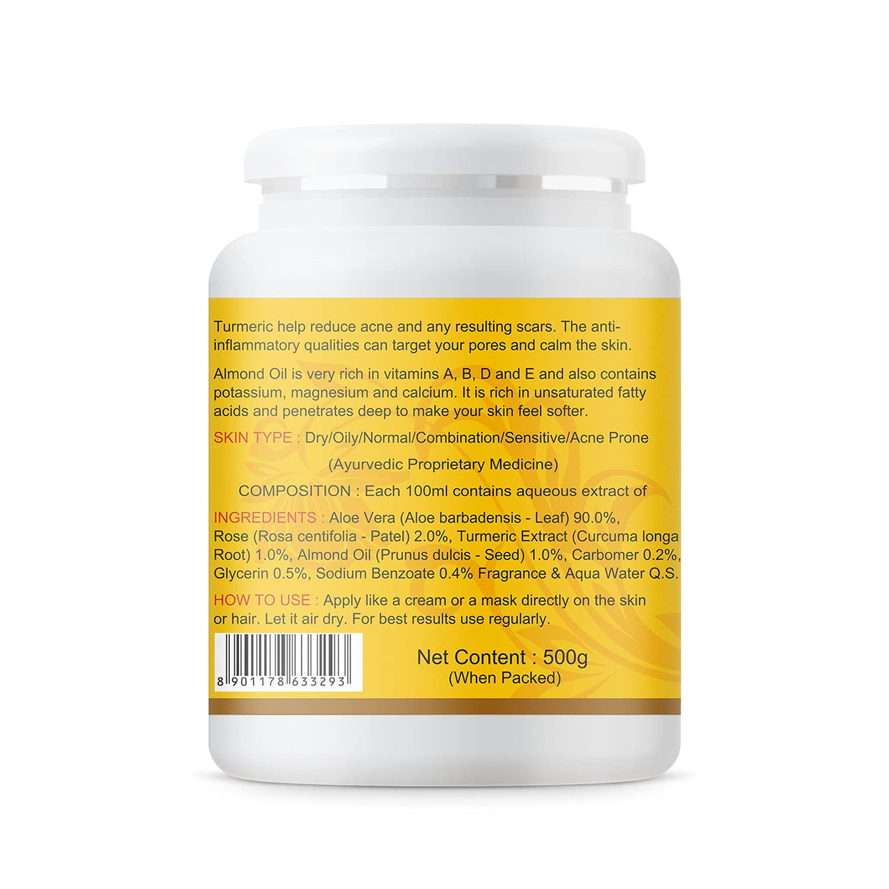 KAZIMA Aloe Turmeric Gel for Face and Body, 500gm | with Multivitamins, Turmeric and Pure Aloe Vera for Soothing, Hydrating, & Moisturizing | Brightening Gel for Dark Spots and Hyperpigmentation