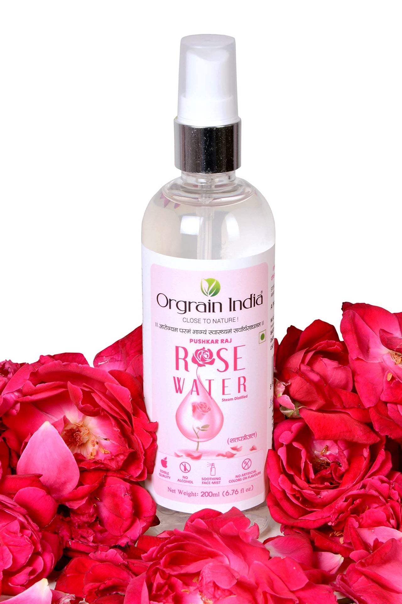 Orgrain India Pure Rose Water/Gulab Jal Spray 200 ml | Premium Face Mist and Toner for Brighter and Hydrated Skin | Oil-Control, Unclog Pores