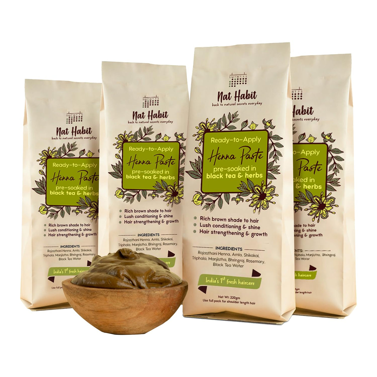 Nat Habit Henna Paste, 100% Natural Rajasthani Henna - (Pack of 4 x 220g) and Nat Habit Hibiscus Amla Summer Hair Oil For Men & Women - 100ml