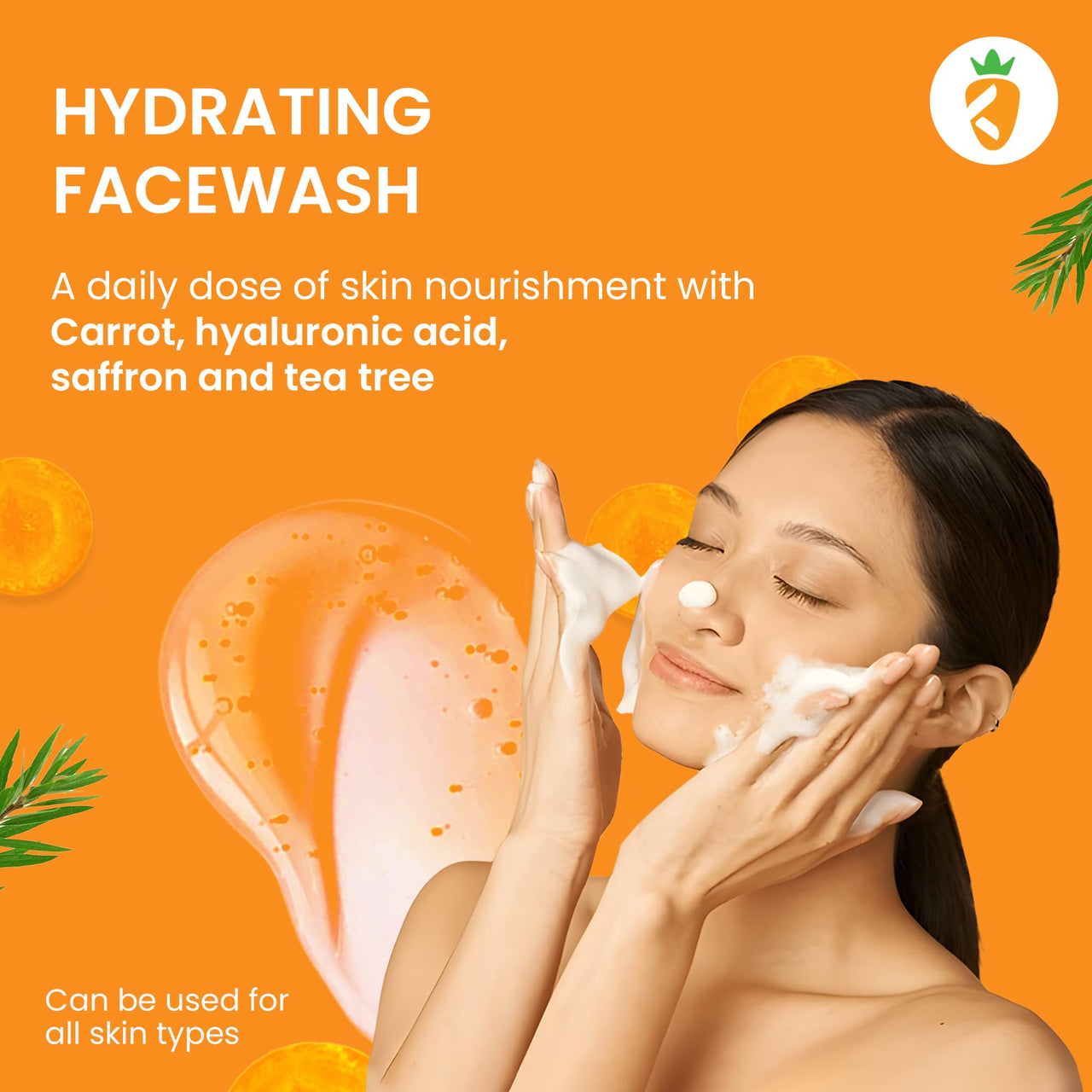Karrot Natural Skincare Carrot Hydrating Face Wash, Boosts Radiance and Evens Skin Tone, with Hyaluronic Acid, Saffron and Tea Tree, For Women and Men, Suitable for All Skin Types, 100 ml