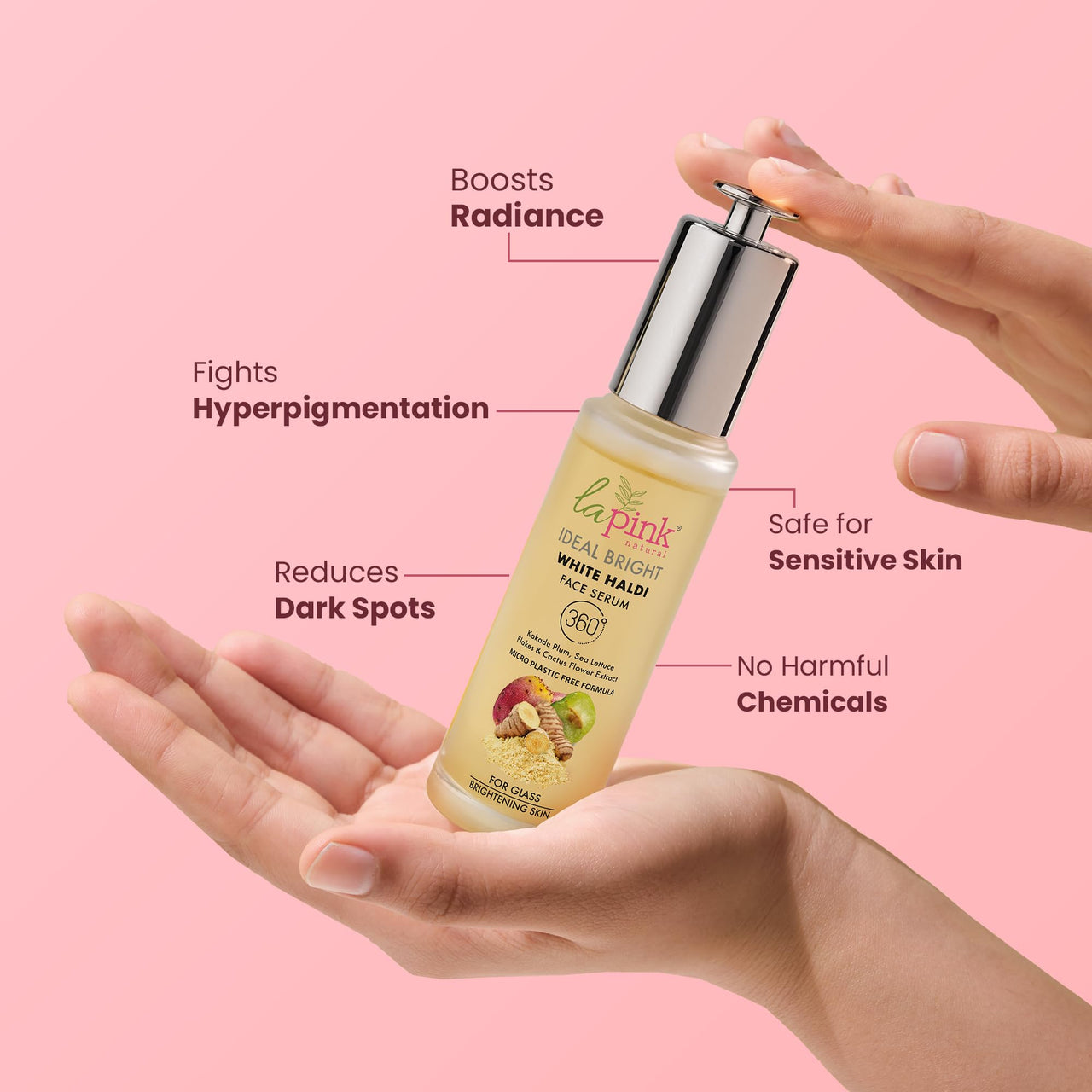 La Pink Ideal Bright Face Serum | 100% Microplastic Free Formula | Glass like skin, Lightening, Evens Skin Tone | White Haldi & Kakadu Plum | For Bright Radiant Skin | All Skin Types | 50ml