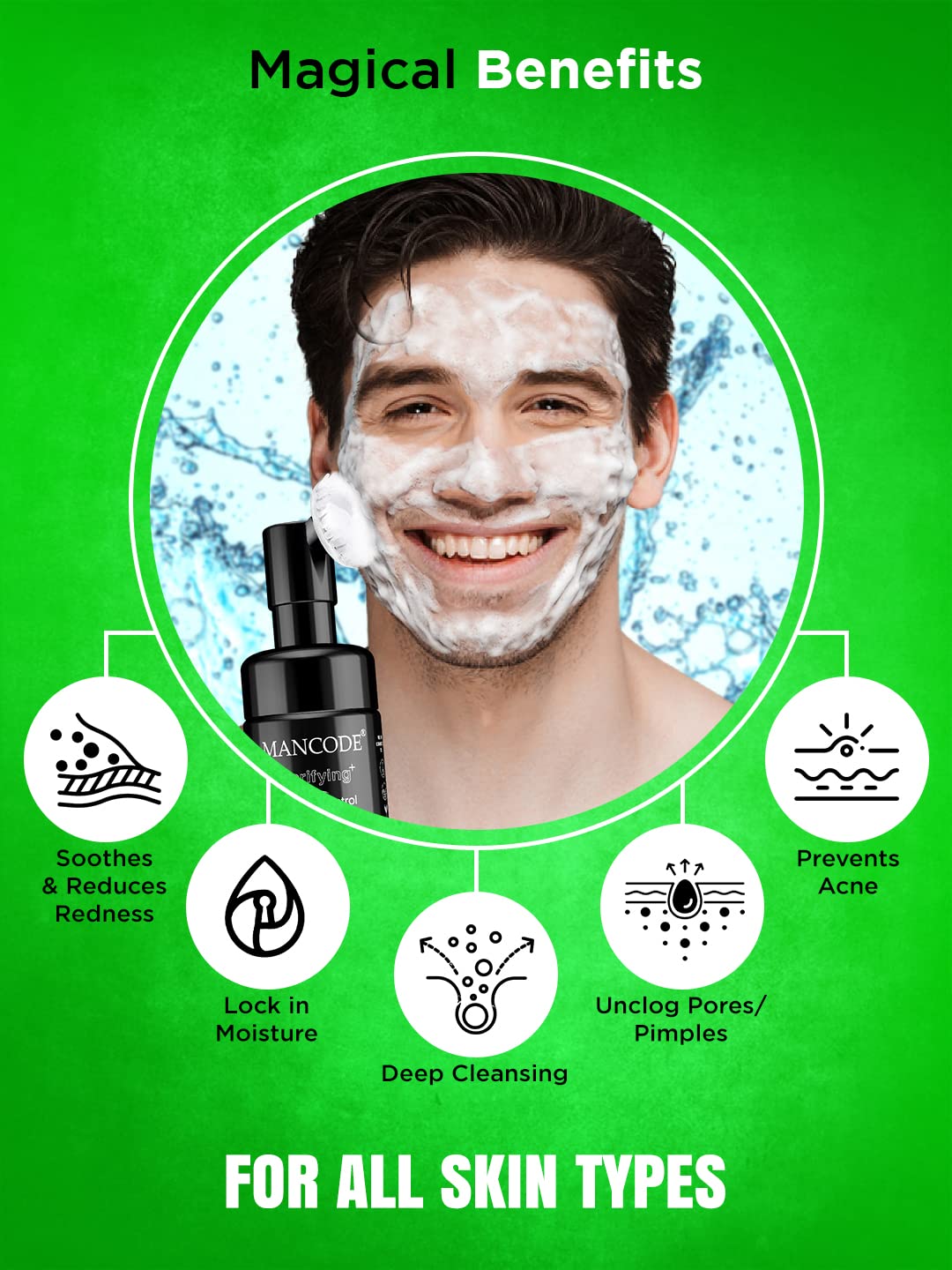 Mancode Acne Control Tea Tree Foaming Facial Wash | with Built in Brush Face Wash For Men Deep Cleansing Face | For Oily & Dry Skin | Anti Acne | Gentle Clear Skin | No Paraben Sulphate Silicone 150ml