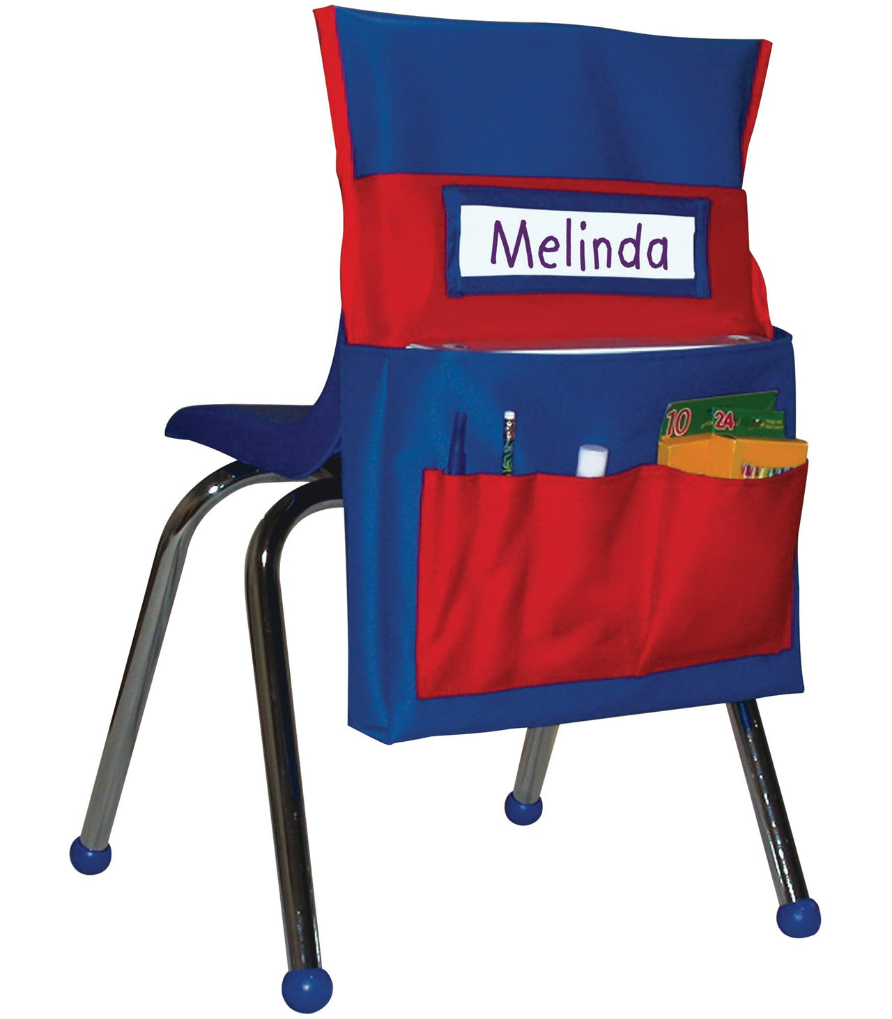 Carson Dellosa 15" W x 19" H Canvas Blue and Red Chairback Buddy Pocket Chart, Classroom Chair Organizer, Classroom Chair Storage with 6 Chair Pockets and One Student Name Tag, Seat Storage Organizer 1 pack Blue & Red