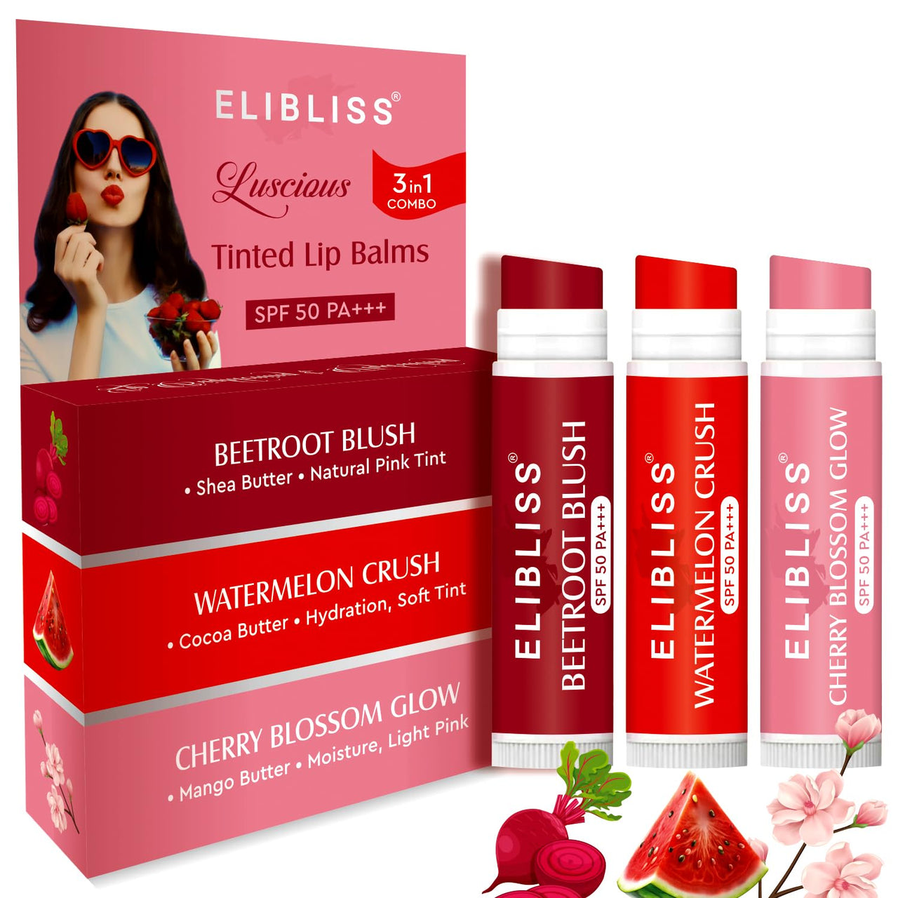 Elibliss Luscious 3 in 1 Tinted Lip Balm 5g Each | SPF 50 PA+++ | Beetroot Blush, Watermelon Crush, Cherry Blossom Glow | Enriched with Shea, Cocoa & Mango Butter | Smooth, Soft Naturally Tinted Lips