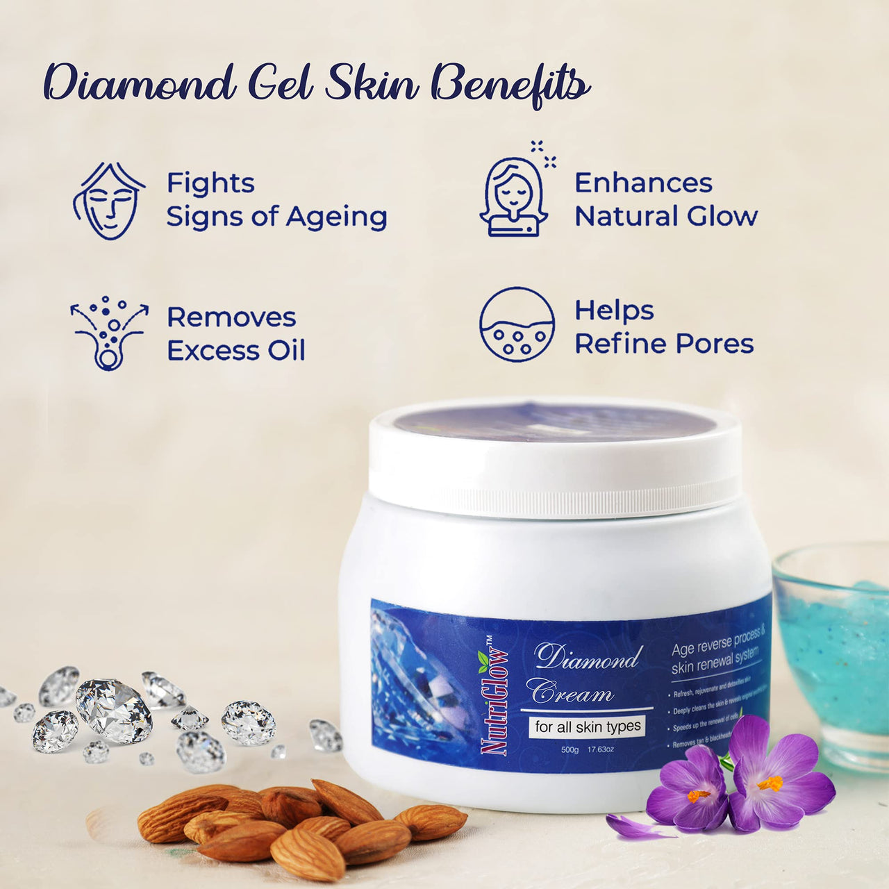 NutriGlow Diamond Massage Cream With Vitamin E For Remove Tan & Blackheads, Improve Skin Tone, Remove Tan & Blackheads, 500gm