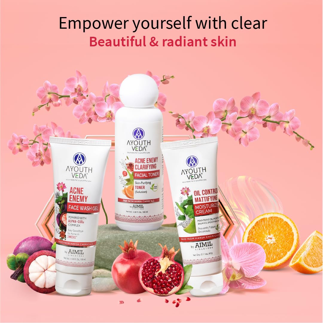 Ayouthveda Anti-acne Face Care Kit Maintain Oil Moisture, Skin Purifying | Acne Enemy Face Wash Gel 100ml | Acne Enemy Clarifying Facial Toner 100ml | Oil Control Mattifying Moisturizer Cream 60g