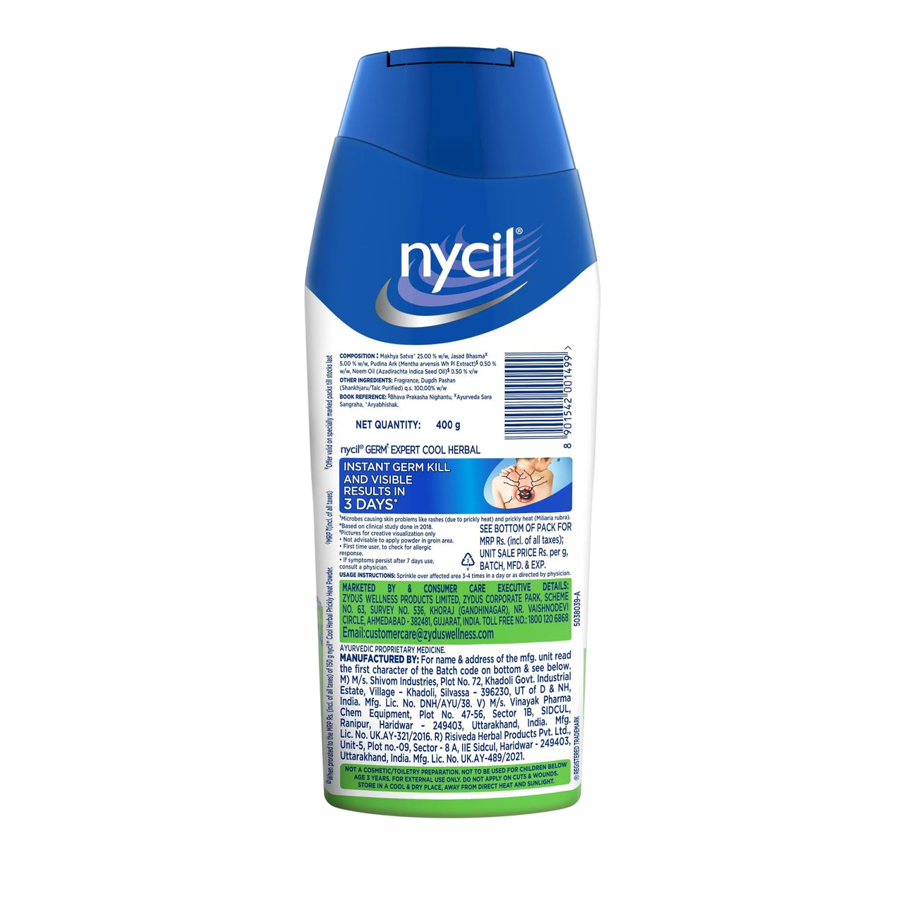 Nycil Germ Expert Cool Herbal Prickly Heat and Cooling Powder - 400 g | Get Relief from Skin Problems (Pack of 3)