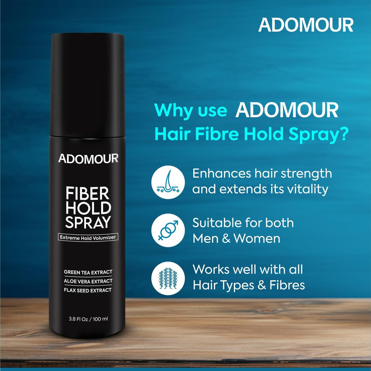 Adomour Thick Fiber Hold Spray 100ml | 2-in-1 Strong Hold Hair Fiber Lock & Setting Spray for Men & Women | Flaxseed, Aloe Vera & Green Tea | Non Greasy, Long Lasting | For All Hair Types & Fibers
