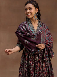 Burgundy Printed Silk Blend A-Line Kurta with Palazzos & Dupatta