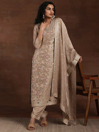 Brown Woven Design Chanderi Silk Straight Suit with Dupatta