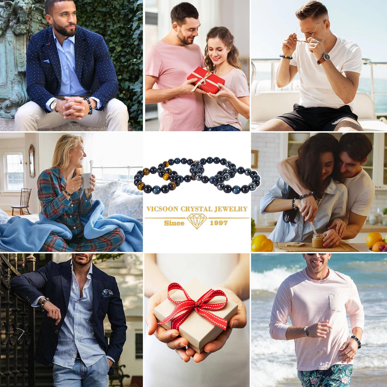 Vicsoon Triple Protection Bracelets for Men Women, Handmade Bracelet with 14mm Blue Tigers Eye Beads Black Obsidian and Hematite, Healing Crystal Jewelry Stone Bracelets Bring Luck and Happiness Blue Black