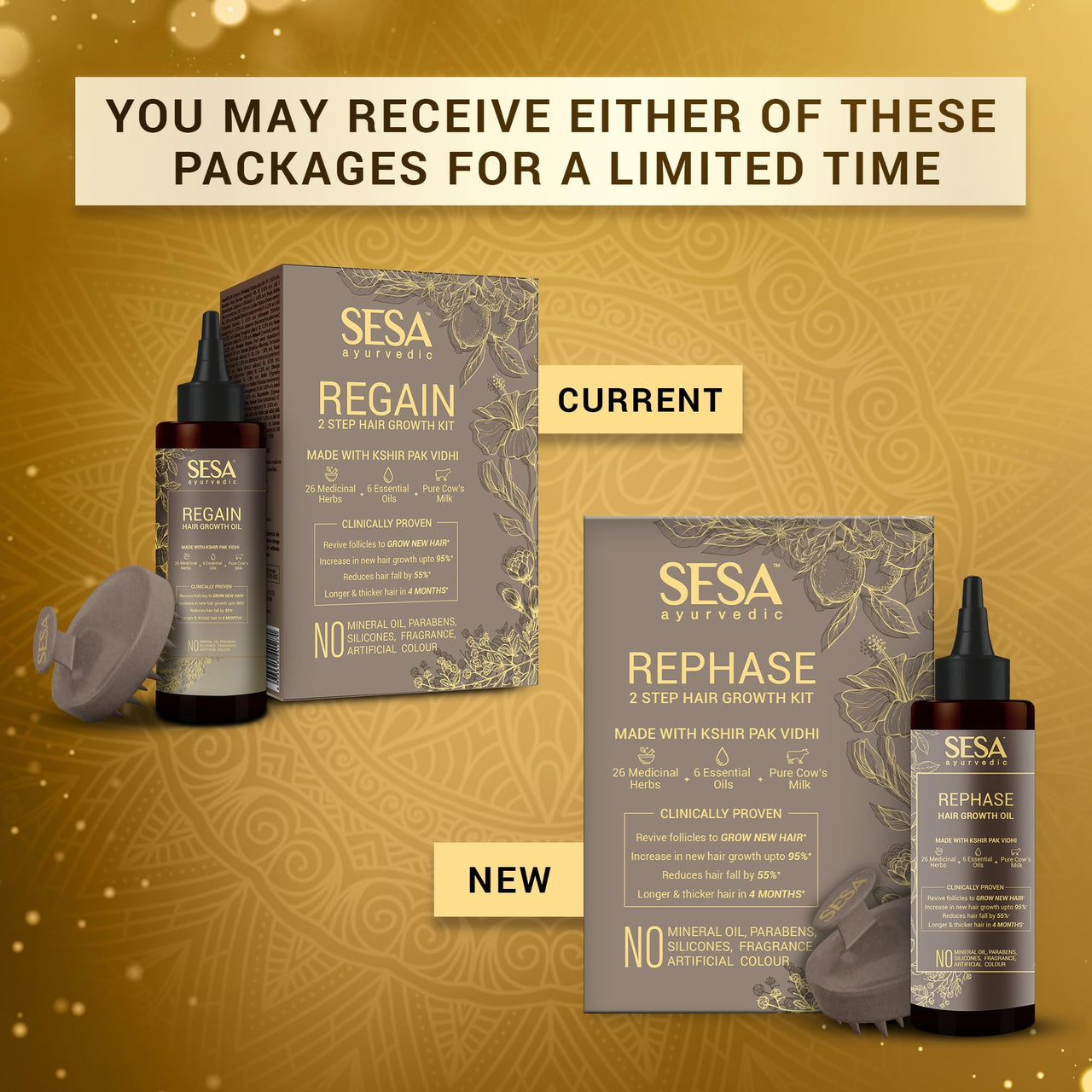 SESA Ayurvedic Rephase 2 Step Hair Oil Growth Kit With 26 Herbs And 6 Essential Oils Promotes Hair Growth Help Reduces Hair Fall With Massager Natural Hair Oil For Women And Men, 100 Ml