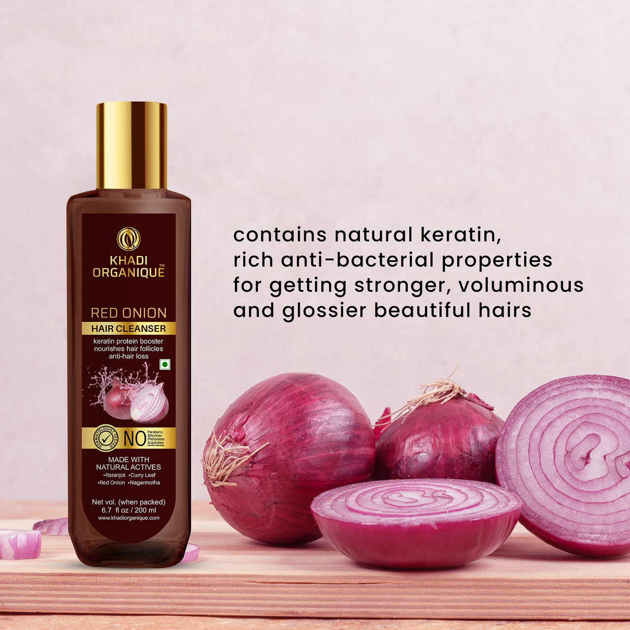 Khadi Organique Red Onion Shampoo For Hair Fall Control | Anti Dandruff Shampoo With Ratanjot, Curry Leaf, Nagarmotha Extracts | Sulphate & Paraben Free Shampoo For Men & Women - 200ml