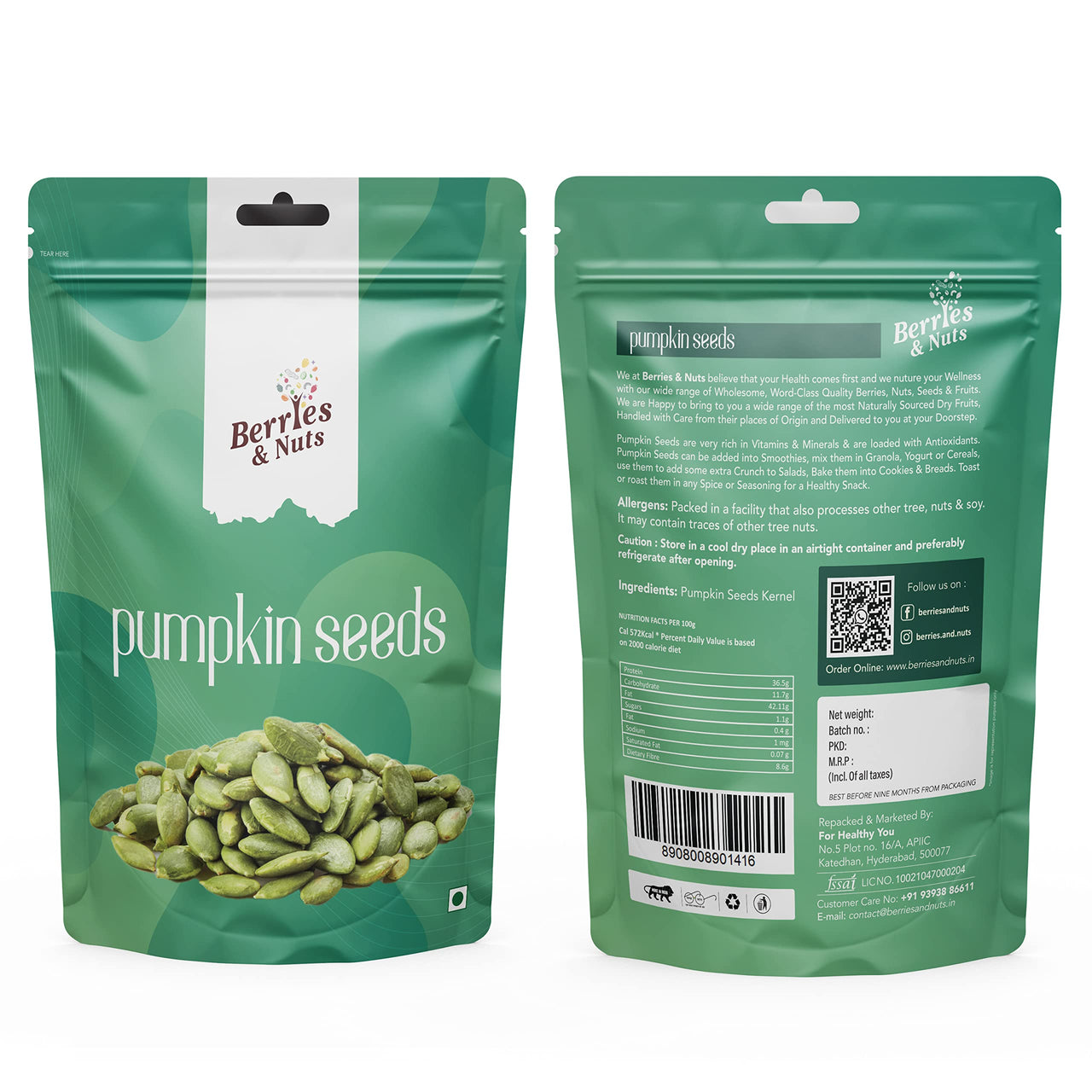 Berries And Nuts Raw Pumpkin Seed Kernels | Super Food, Antioxidant Rich Seeds | 400 Grams | 2 Pack of 200 Grams