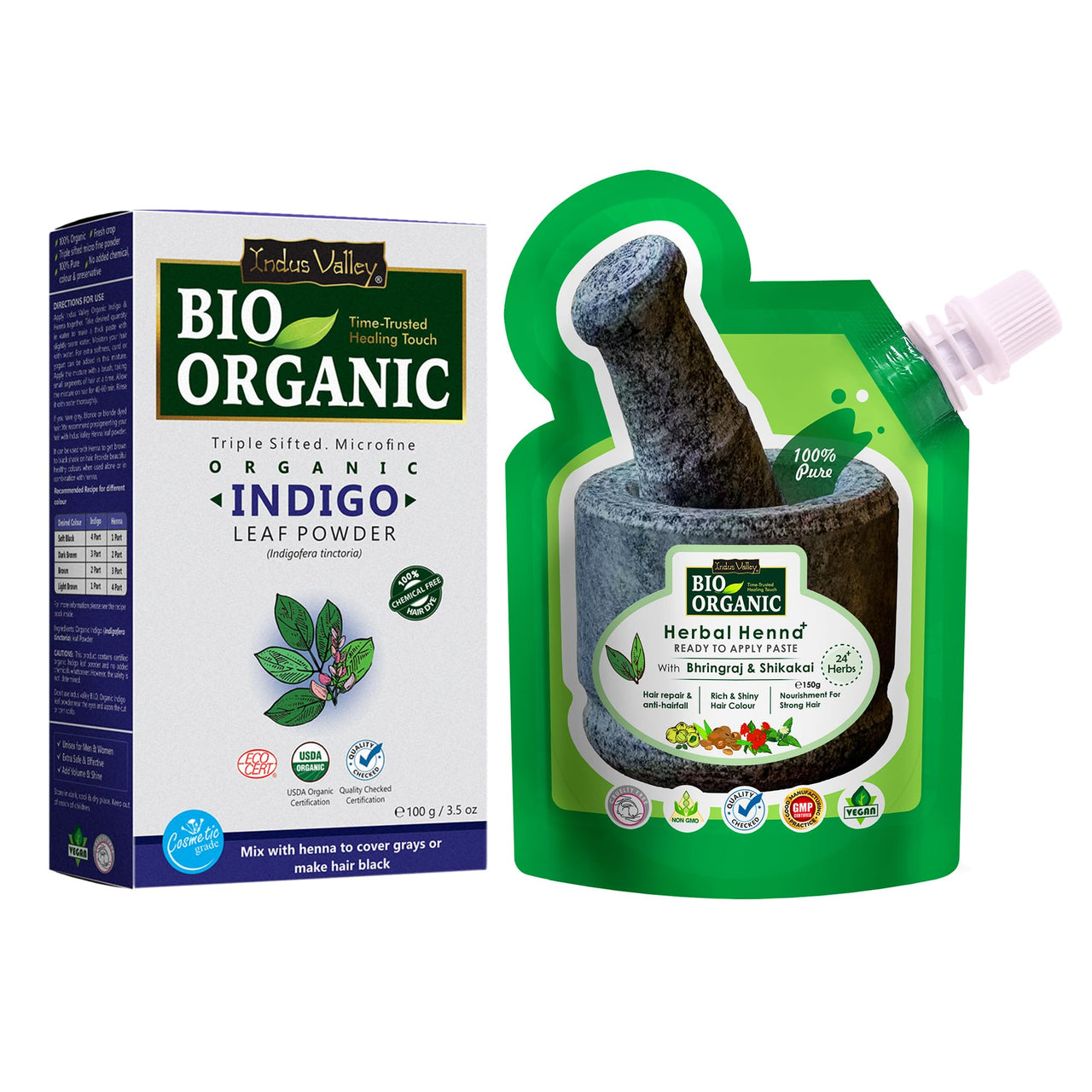 Indus Valley Bio Organic Herbal Henna Paste -150 g, with Herbal Indigo Powder -100 g