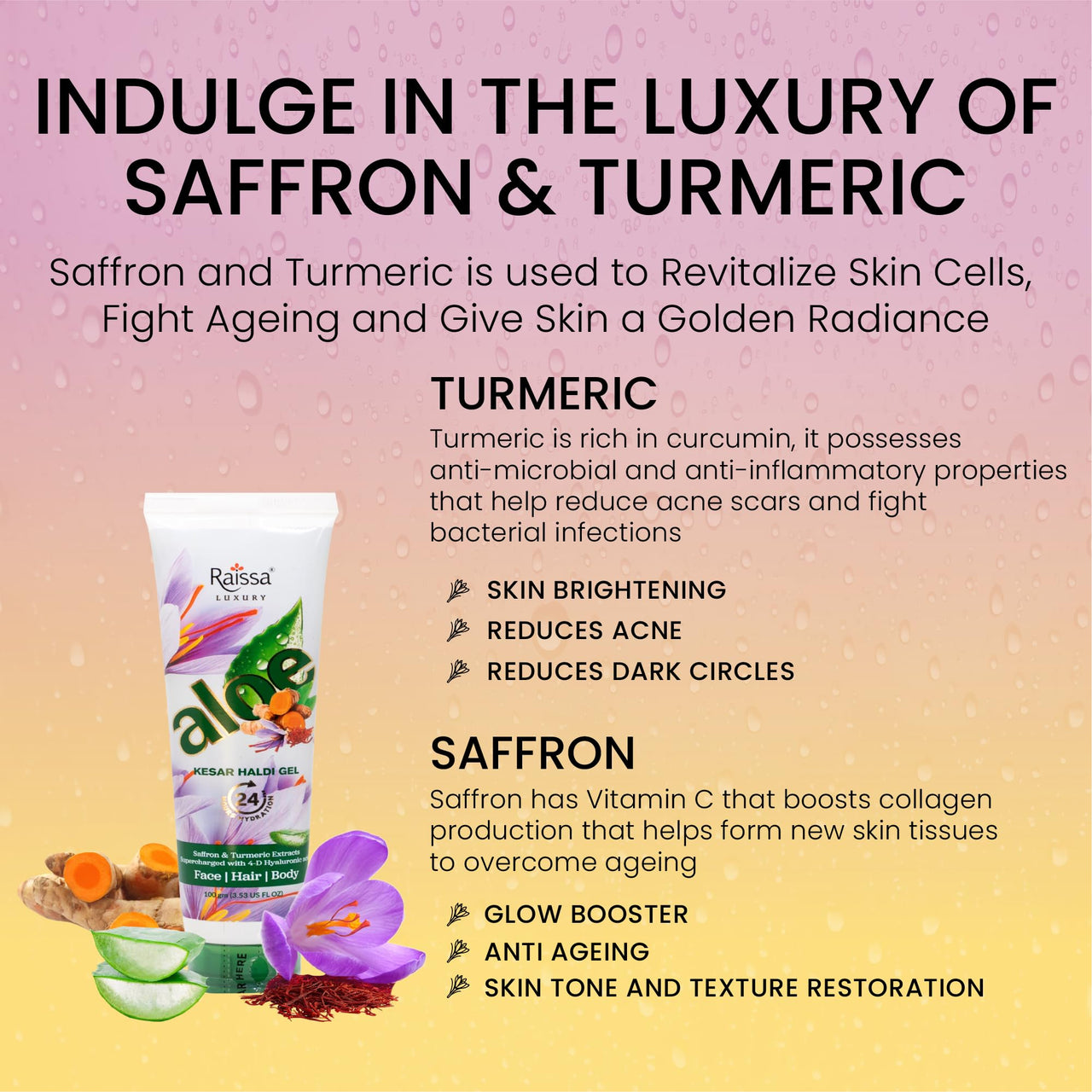 Raissa 4D Hyaluronic Acid Face Gel, 100g | 100% Pure Aloe Vera | Infused with Saffron, Turmeric Extracts, Niacinamide & D-Panthenol | Brightening & Glow | 24H Hydration | All Skin Types