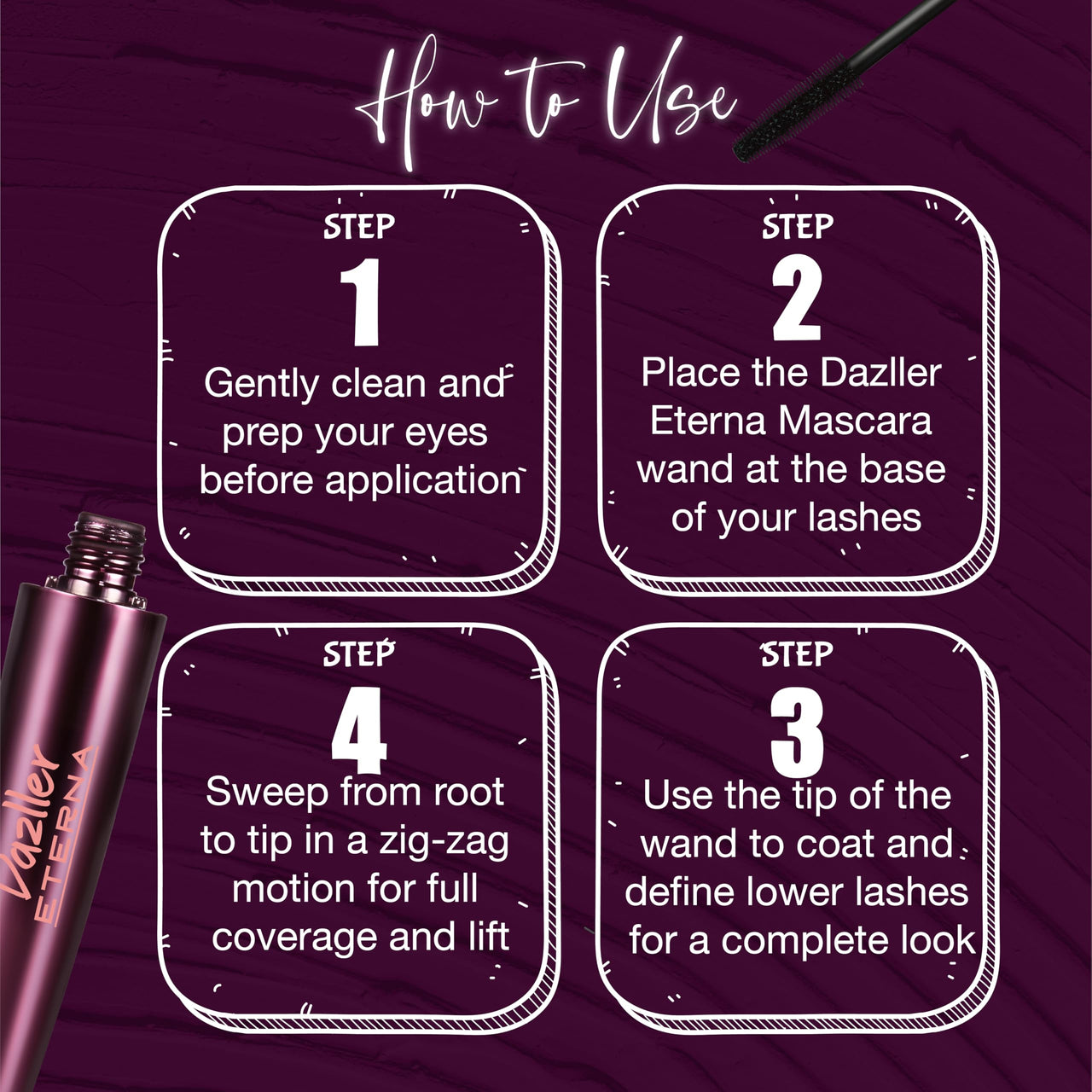 Dazller Eterna Mascara|Water-Resistant|Curl|Volumnize|Lengthen|Infused Herbal Extracts - Chamomile, Jojoba & Almond Oil|Fine Bristle Wand|Black|15g