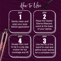 Dazller Eterna Mascara|Water-Resistant|Curl|Volumnize|Lengthen|Infused Herbal Extracts - Chamomile, Jojoba & Almond Oil|Fine Bristle Wand|Black|15g