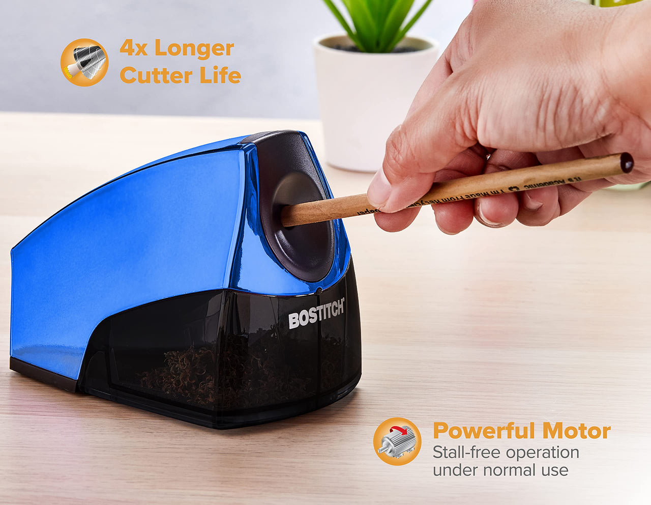 Bostitch Personal Electric Pencil Sharpener, Powerful Stall-Free Motor, High Capacity Shavings Tray, Blue Chrome Metallic Metallic Blue Pencil Sharpner