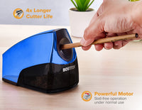 Bostitch Personal Electric Pencil Sharpener, Powerful Stall-Free Motor, High Capacity Shavings Tray, Blue Chrome Metallic Metallic Blue Pencil Sharpner