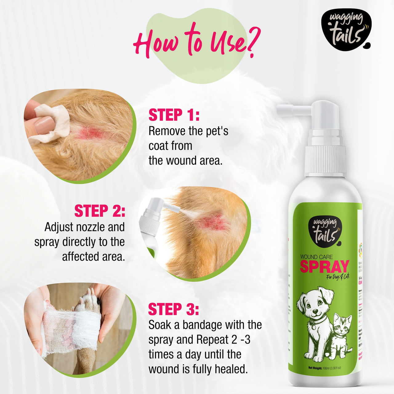 Wagging Tails Wound Care Spray for Dogs & Cats- 100ml | Promotes Healing, Soothes Skin, & Helps Protect Against Infections | Suitable for Cuts, Scratches, Surgical Wounds, Abscesses & Abrasions