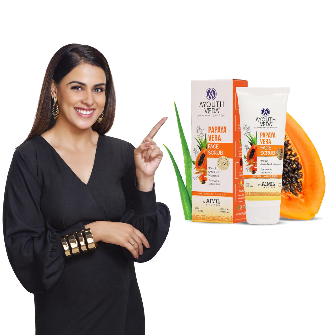 Ayouthveda Papaya Vera Face Scrub with Walnut, Green Tea & Vitamin E | Gently Exfoliates, Unclogs Pores & Brightens Skin | Suitable for Dry to Normal Skin Types| 100g