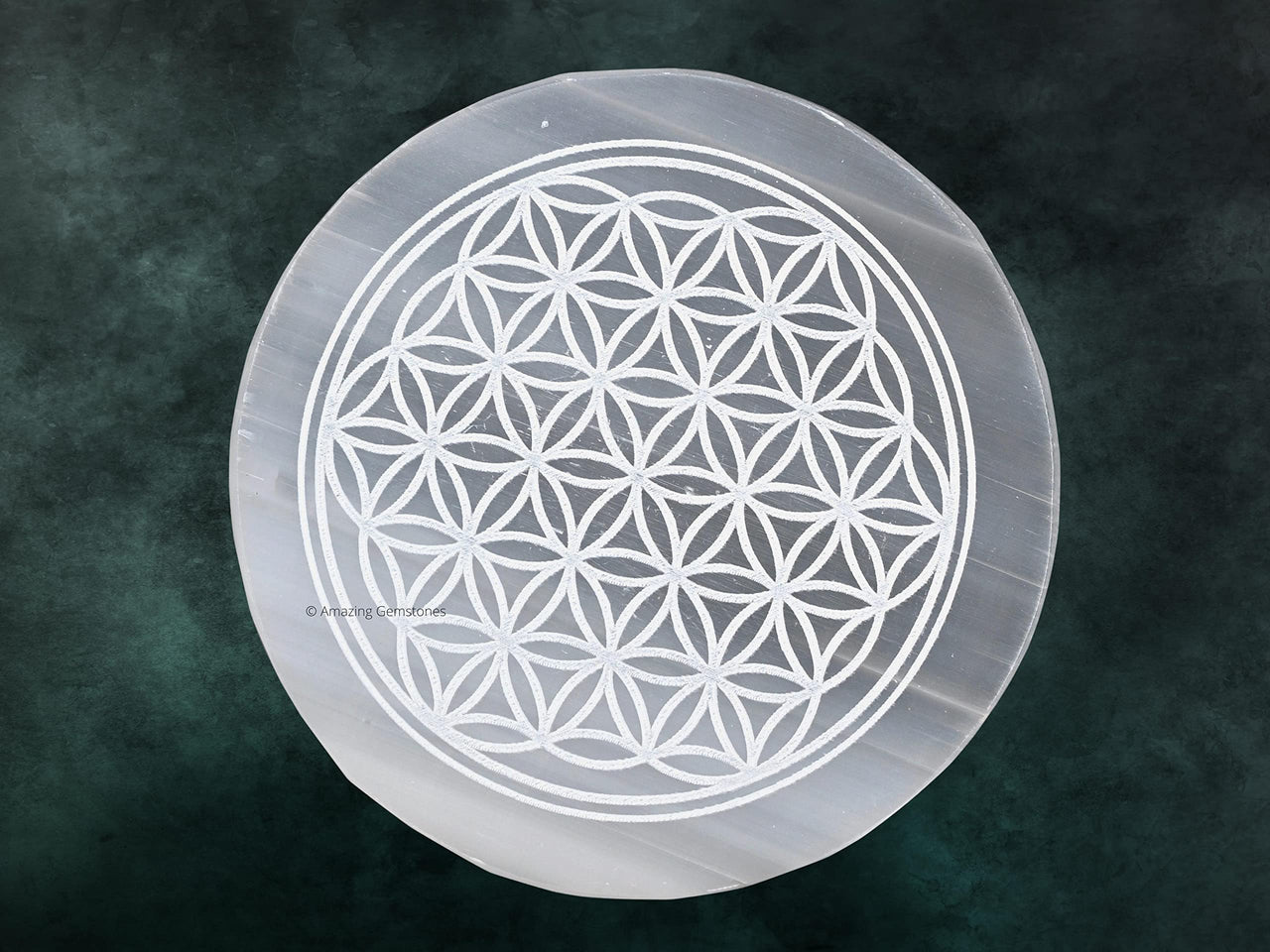 Selenite Crystal Charging Plate For Crystals And Healing Stones, 4.5" Selenite Crystal Plate Engraved Flower of Life Coaster For Home Office Table Decor (Selenite Round Disc)